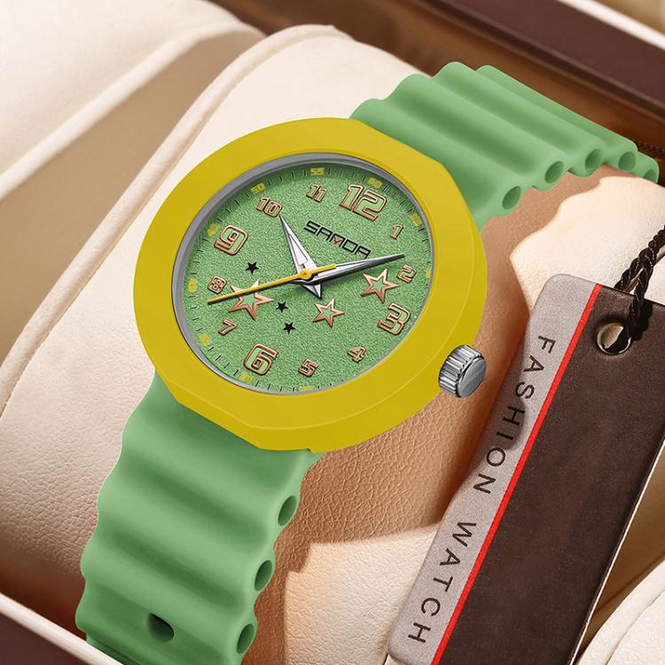 Green silicone student watch with yellow bezel and green dial with star markers