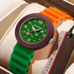 Orange and green silicone student watch with green dial and red second hand