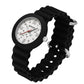 Black silicone student watch with round white dial and silver crown, side view