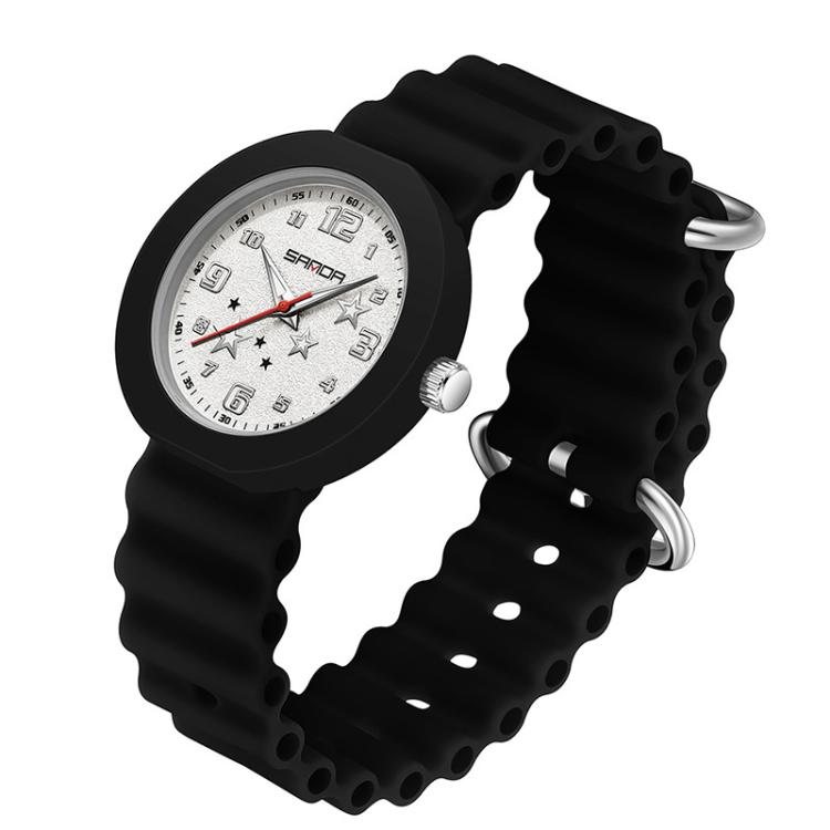 Black silicone student watch with round white dial and silver crown, side view