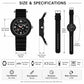 Size and specifications chart for a black SANDA student watch, water resistance 3ATM
