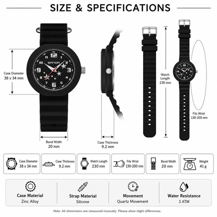 Size and specifications chart for a black SANDA student watch, water resistance 3ATM
