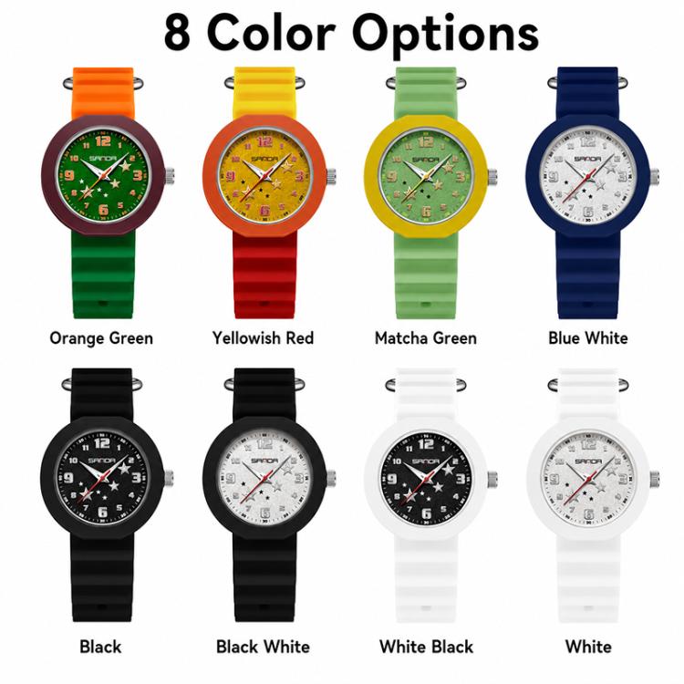 SANDA luminous student wristwatches display, round dials and silicone straps in multiple colors