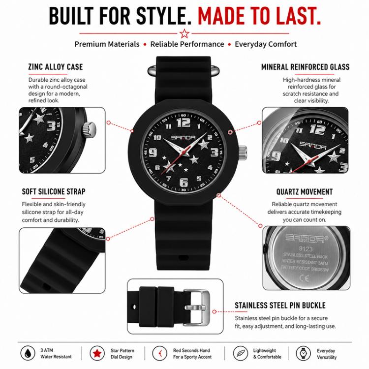 SANDA student wristwatch with black silicone strap and round black star dial