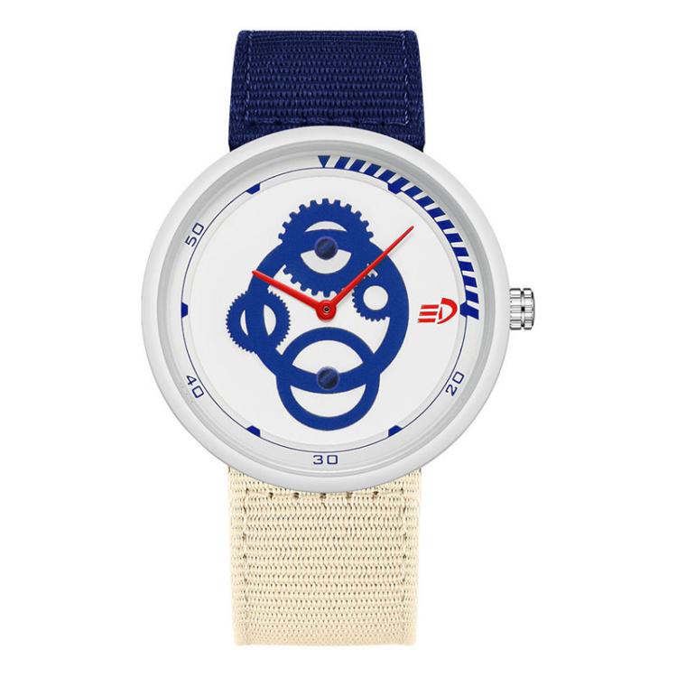 Waterproof student watch with blue dial, cream bezel, navy nylon strap, crown at right