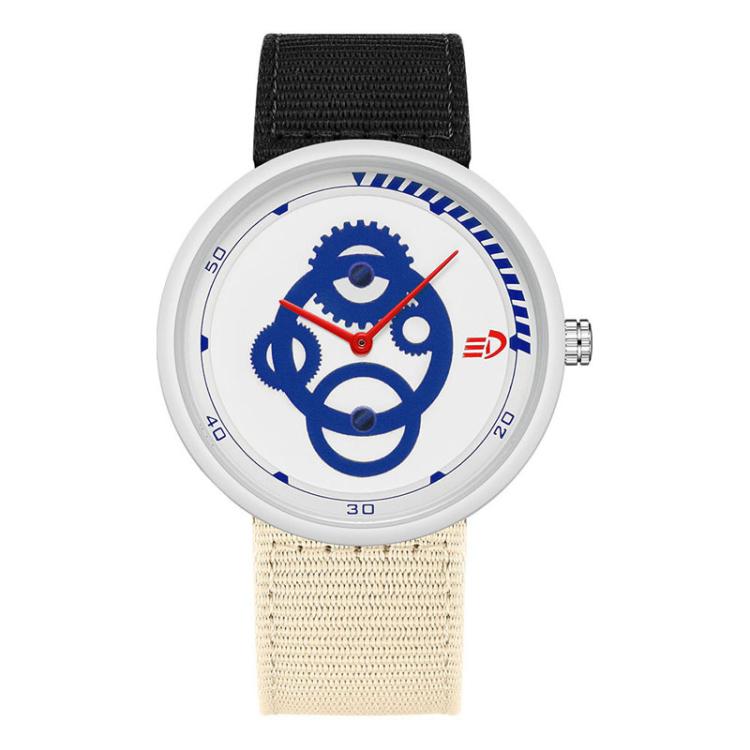 Waterproof student watch with blue dial, cream bezel, black nylon strap, crown at right