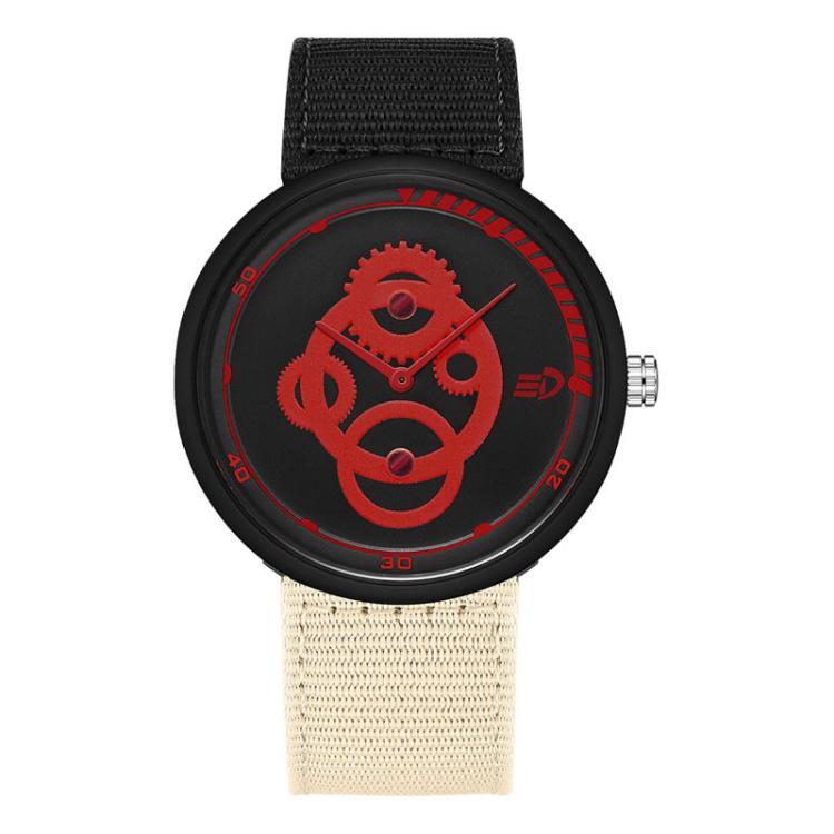 Waterproof student watch with red dial, black bezel, black nylon strap, crown at right