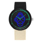 Waterproof student watch with blue dial, black bezel with green markers, black nylon strap