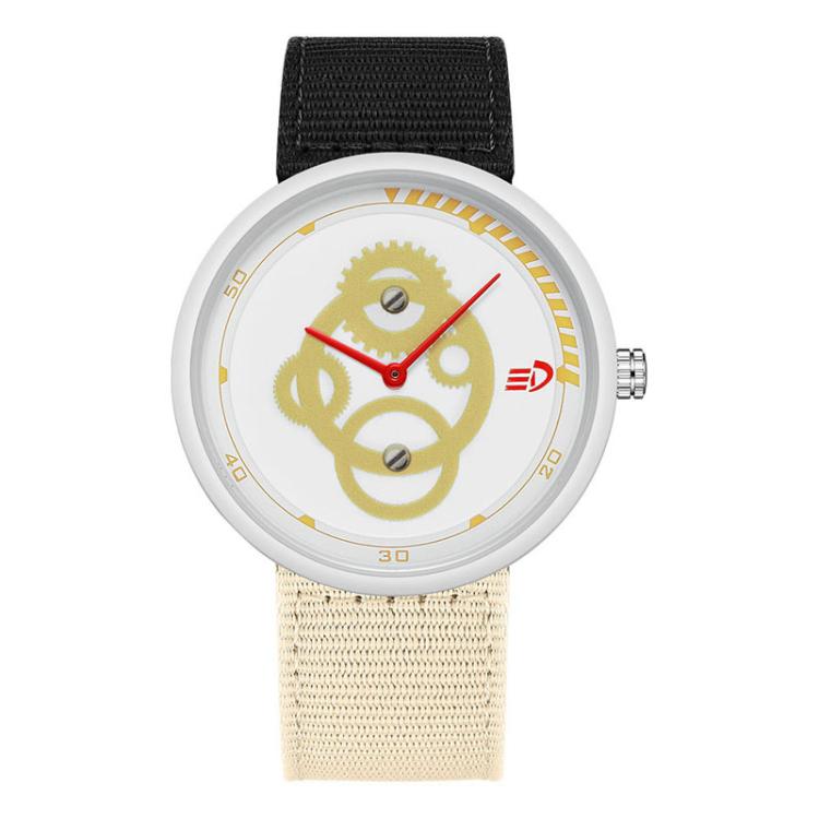 Waterproof student watch with gold dial, white bezel, black nylon strap, crown at right