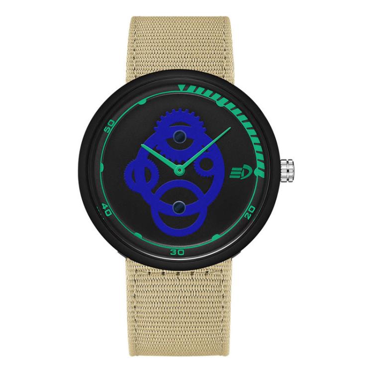 Waterproof student watch with blue dial, black bezel with green markers, beige nylon strap