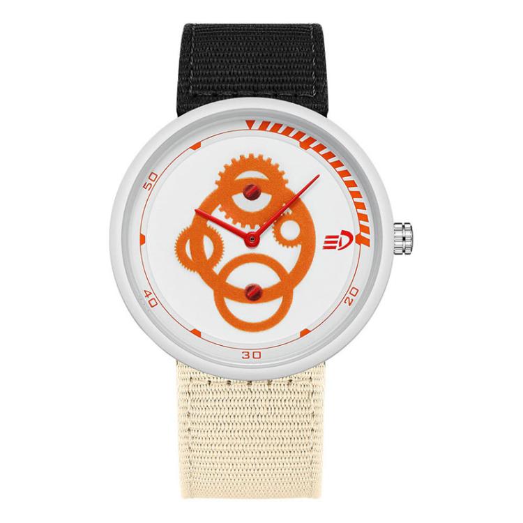 Waterproof student watch with orange dial, white bezel, black nylon strap, crown at right