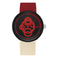 Waterproof student watch with red dial, black bezel, burgundy nylon strap, crown at right