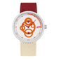 Waterproof student watch with orange dial, white bezel, burgundy nylon strap, crown at right