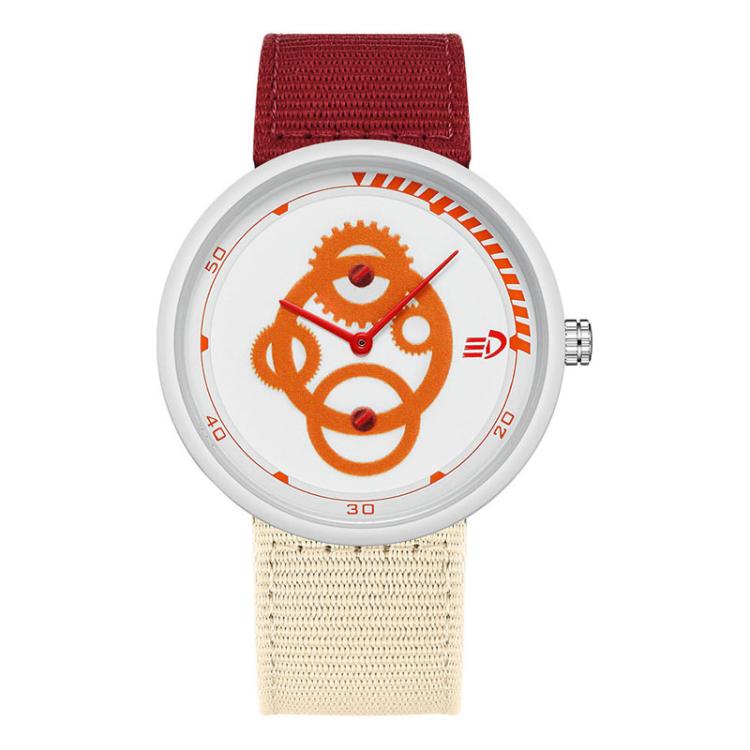 Waterproof student watch with orange dial, white bezel, burgundy nylon strap, crown at right