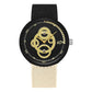 Waterproof student watch with gold dial, black bezel with gold markers, black nylon strap