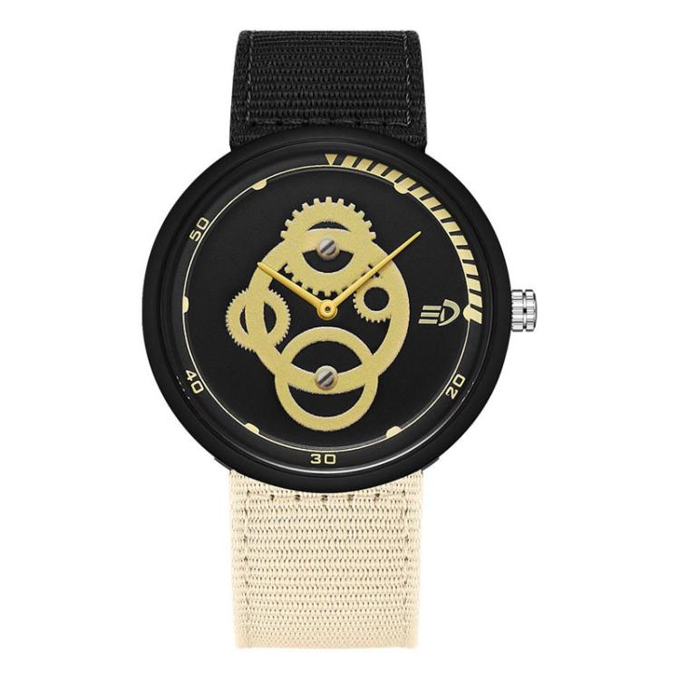 Waterproof student watch with gold dial, black bezel with gold markers, black nylon strap