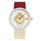 Student watch with red nylon strap and round white case, gold anime-style dial and hands
