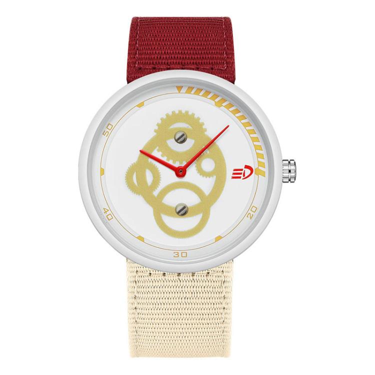 Student watch with red nylon strap and round white case, gold anime-style dial and hands