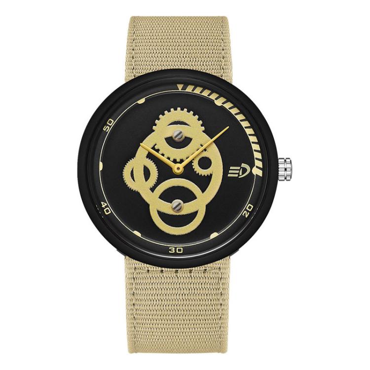 Student watch with beige nylon strap and round black case, gold anime-style dial and hands