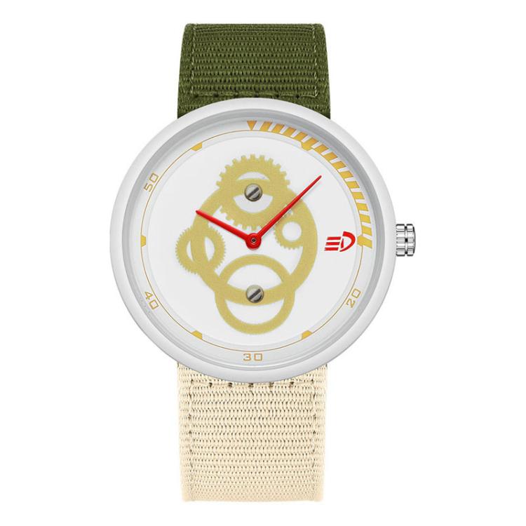 Student watch with green nylon strap and round white case, gold anime-style dial and hands