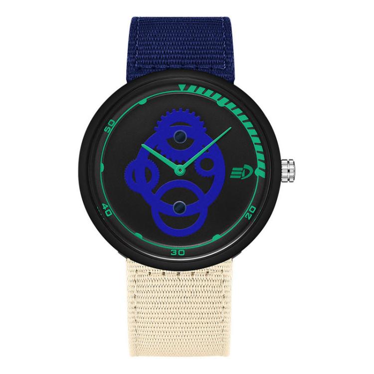Student watch with blue nylon strap and round black case, blue anime-style dial with green accents