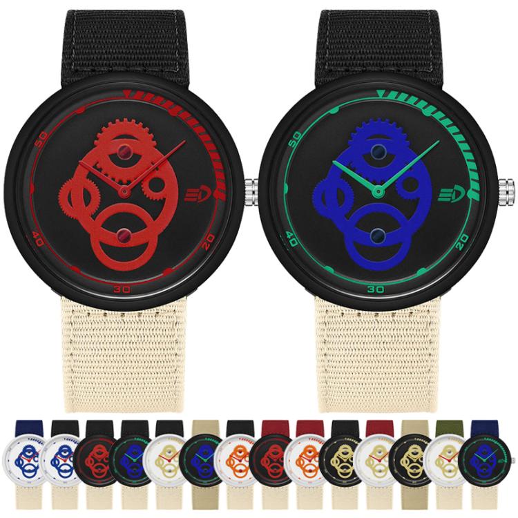 Two student watches with black nylon straps, red and blue anime-style dials, round cases