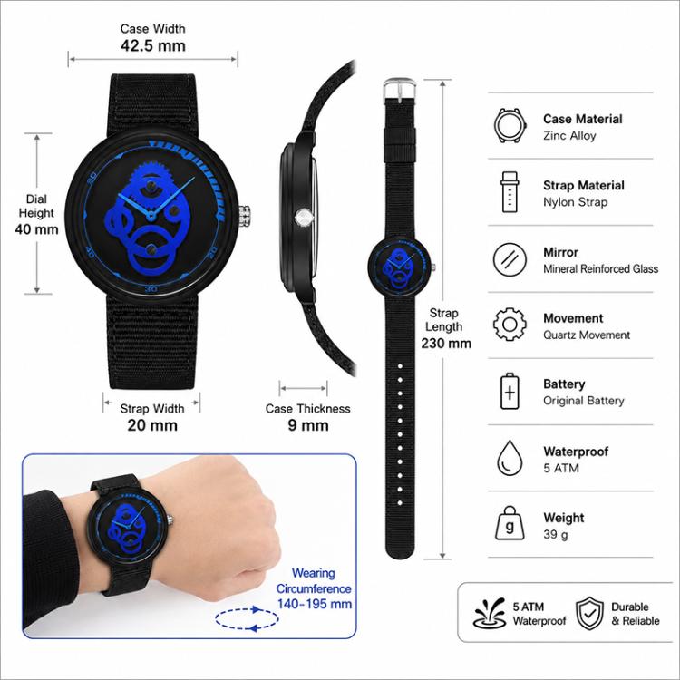 Student watch side view with black nylon strap and round case; size and material callouts shown