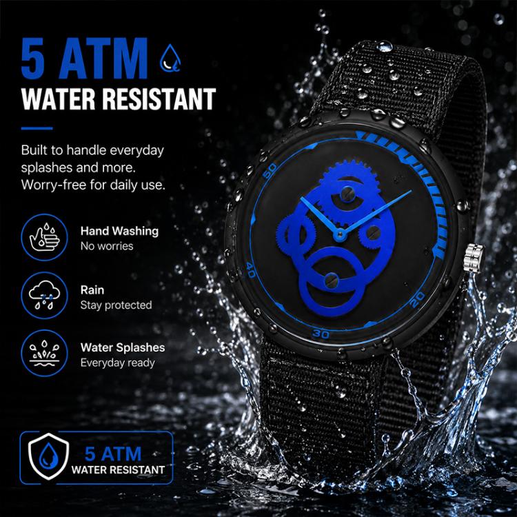 Water-resistant student watch with black nylon strap and blue anime-style dial, 5 ATM styling