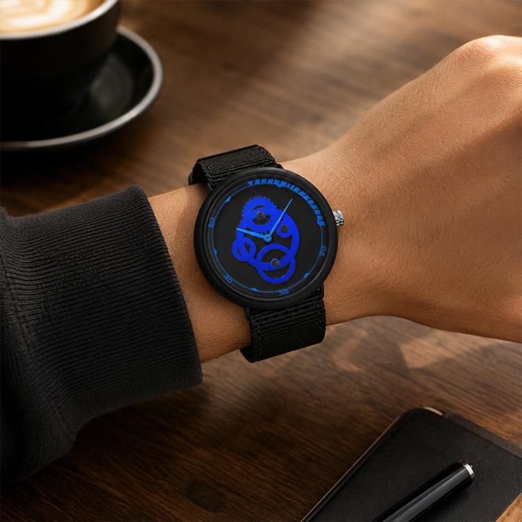 Student watch worn on wrist with black nylon strap and round black case, blue anime-style dial