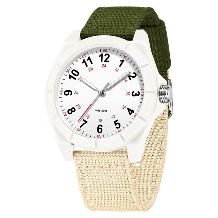 White analog watch with green and beige nylon strap, round white dial with markers