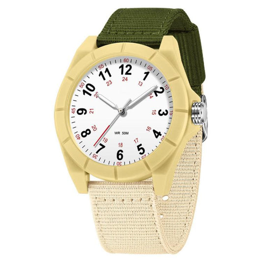 Gold analog watch with green and beige nylon strap, round white dial and markers