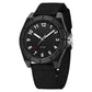 Black analog watch with black nylon strap, round dark dial with Arabic numerals