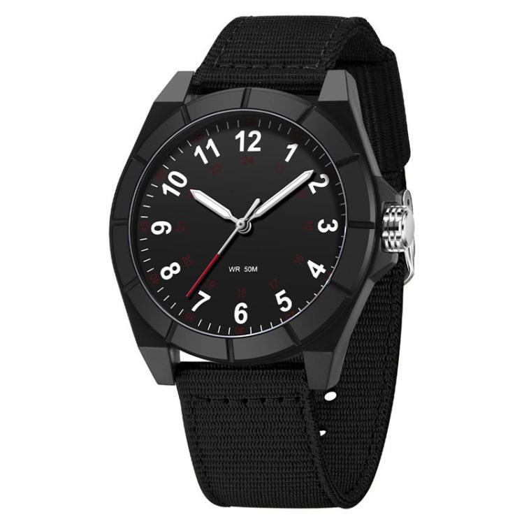 Black analog watch with black nylon strap, round dark dial with Arabic numerals