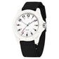 White analog watch with black and white nylon strap, round white dial with numerals