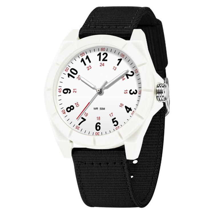 White analog watch with black and white nylon strap, round white dial with numerals