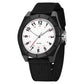 Black analog watch with black nylon strap, round white dial with red accents