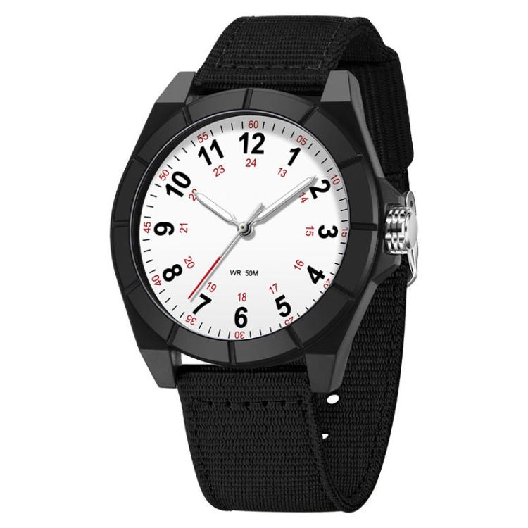 Black analog watch with black nylon strap, round white dial with red accents