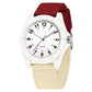 White analog watch with red and beige nylon strap, round white dial with numerals