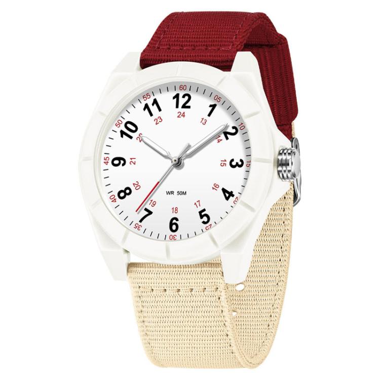White analog watch with red and beige nylon strap, round white dial with numerals