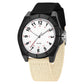 Black analog watch with black and beige nylon strap, round white dial with numerals