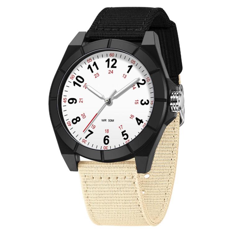 Black analog watch with black and beige nylon strap, round white dial with numerals