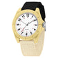 Gold analog watch with black and beige nylon strap, round white dial with numerals