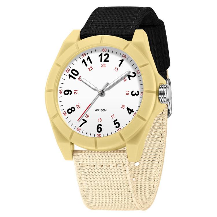 Gold analog watch with black and beige nylon strap, round white dial with numerals