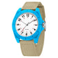 Blue analog watch with beige nylon strap, round white dial with Arabic numerals
