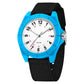 Blue luminous waterproof watch with white dial and black nylon strap, round case