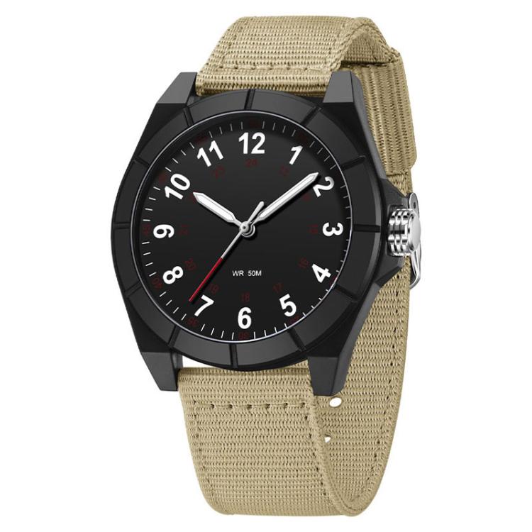 Black luminous waterproof watch with white dial and beige nylon strap, round case