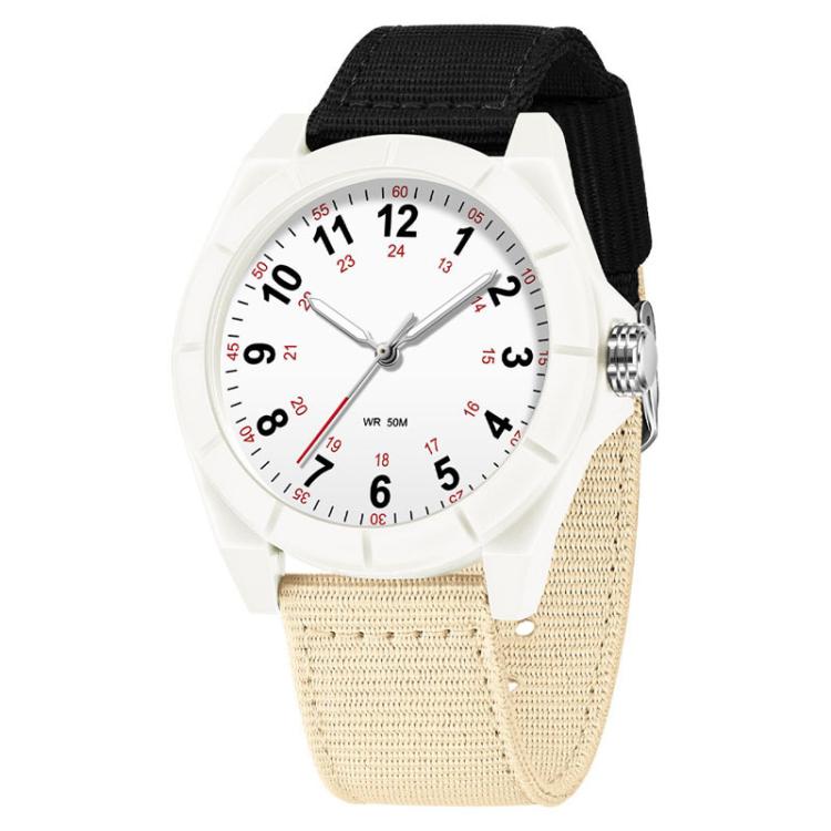 White luminous waterproof watch with white dial and black-and-beige nylon strap