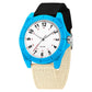 Blue luminous waterproof watch with white dial and beige nylon strap, round case