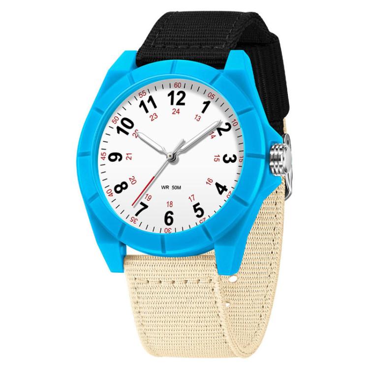 Blue luminous waterproof watch with white dial and beige nylon strap, round case