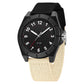 Black luminous waterproof watch with white dial and black-and-beige nylon strap